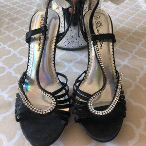 Black satin and rhinestone open toe pump